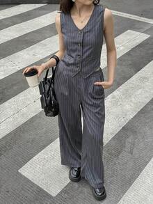 2pcs Set: Elegant Striped Vest + Suit Pants For Teens, Urban Commuting & Party Outfit - Grey - View 7