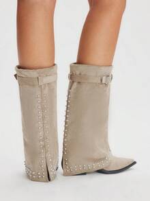 Styleloop 女士休闲粗跟时尚性感西部牛仔靴，适合万圣节、圣诞节、秋季服装，棕色牛仔靴，核心 - 杏色 - 查看 3