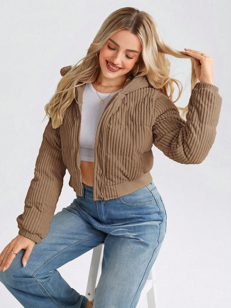 SHEIN LUNE 女式短款休闲街头时尚灯芯绒棉衣，冬季 - 棕色 - 查看 1