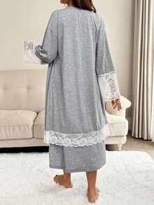 SHEIN 2pcs Maternity Contrast Lace Long Sleeve Robe And Camisole Nursing Nightgown Set