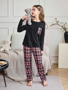 SHEIN 女童休闲针织格子口袋睡衣套装 - 黑色 - 查看 3