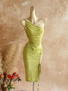 Soleia 度假针织纹理交叉露背不对称短款上衣 + 针织纹理抽绳腰部紧身裙，适合派对、约会、情人节、复活节、狂欢节、下午茶、海滩巡游、城市假日、秋冬分层露肩圣诞节上衣，适合学校返校服装女士返校女士秋装哥特女装俱乐部服装女士性感万圣节服装俱乐部连衣裙外出服装音乐会服装乡村音乐会服装 - 綠色 - 查看 5