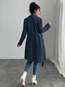 Rafferiza Women's Solid Color Faux Suede Double-Breasted Side Pocket Regular Jacket - Navy Blue - View 2