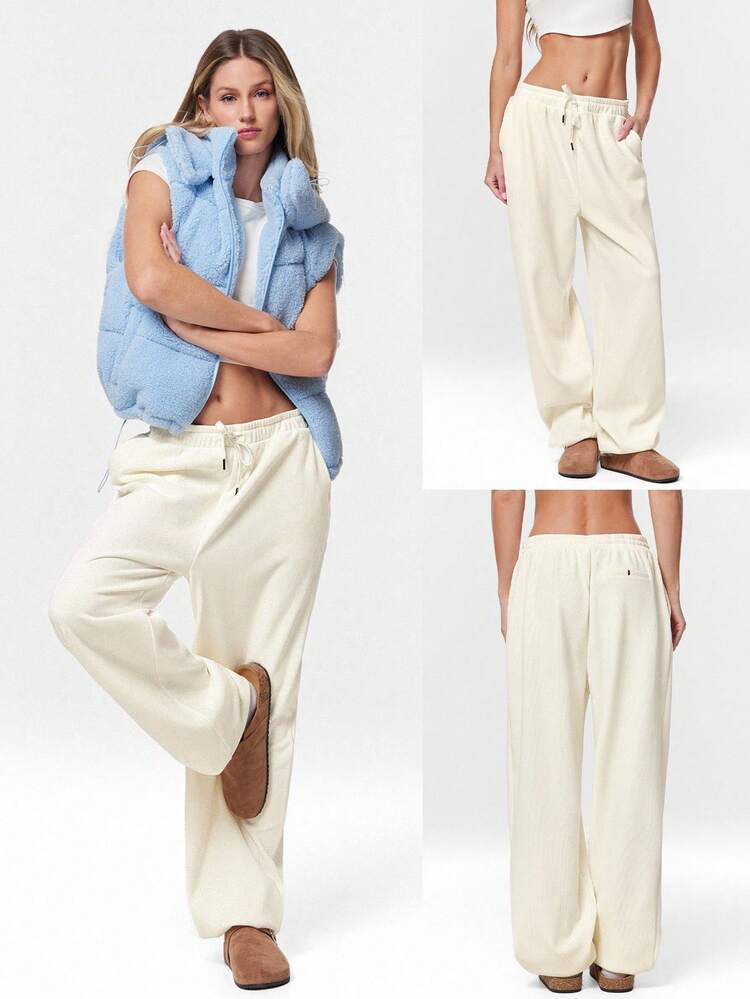 Pantalon de jogging à taille haute brossé gaufré, taille élastique, pantalon actif, porter casual au quotidien, chaud en hiver