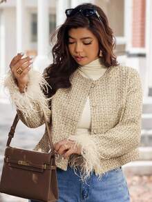 Vionelle Plus Size Elegant Commuter Faux Fur Cuff Cropped Jacket Fall Winter Cloth For Women Winter Autumn - Multicolor - View 3