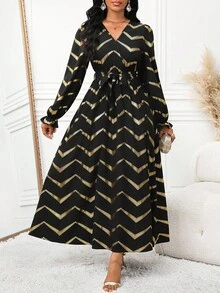 SHEIN Lady Casual Cinched Waist Cinched Waist V-Neck Long Sleeve Dress For Women