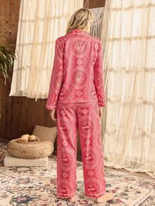 Lullawish 休闲波西米亚印花前开宽松女士睡衣套装女士睡衣套装女士休闲套装粉色睡衣套装热带印花休闲套装粉色休闲套装，秋季服装 - 彩色 - 查看 2