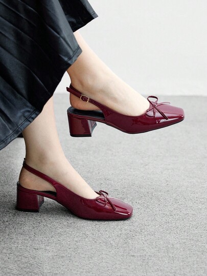 CUCCOO BIZCHIC Women's Fashion Burgundy Bow Backstrap Classic Low Chunky Heel Flats, Versatile For Daily Wear, Commuting, Elegant Office Shoes