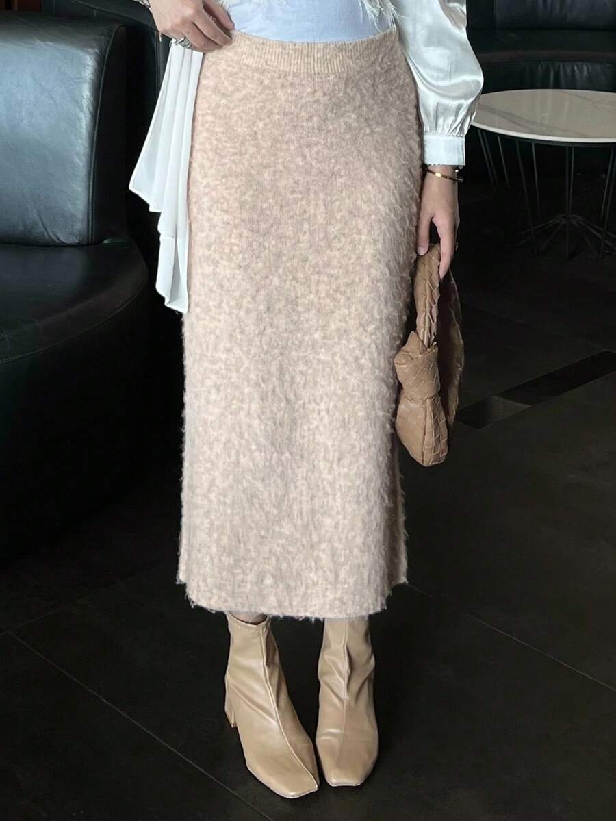 DAZY 女士优雅针织修身半身裙,适合秋冬季节的派对、婚礼、宴会等场合,尽显端庄时尚。 - 卡其色 - 查看 1