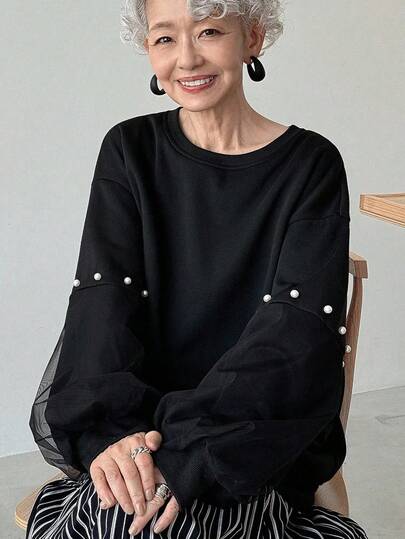 FRIFUL 女士圆领珍珠纽扣装饰灯笼袖宽松网眼拼接袖加厚纯色运动衫，万圣节服装秋冬