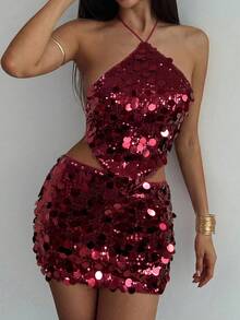 Aloruh 女式纯色亮片不对称下摆露背背心和迷你裙性感时尚两件套 - 酒紅色 - 查看 6