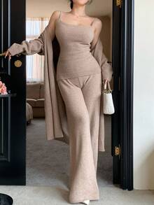 DAZY 3pcs Women Solid Color Minimalist Shawl Cardigan, Camisole, And Pants Knit Sweater Set - Khaki - View 4
