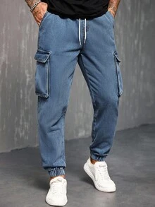 Manfinity Homme Avant-Garde Street Casual Men's Cropped Tapered Blue Denim Jeans With Cargo Pockets Men Navy Blue Denim - Blue - View 3