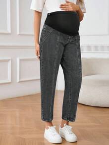 SHEIN 孕妇冬季可调节腰围休闲牛仔裤 - 黑色 - 查看 6