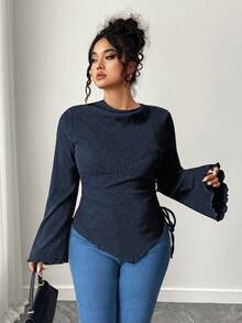 Elenzga Kaos Kasual Wanita Ukuran Besar Warna Polos Kerah Tinggi Lengan Lebar Hem Asimetris - Navy Blue - View 3