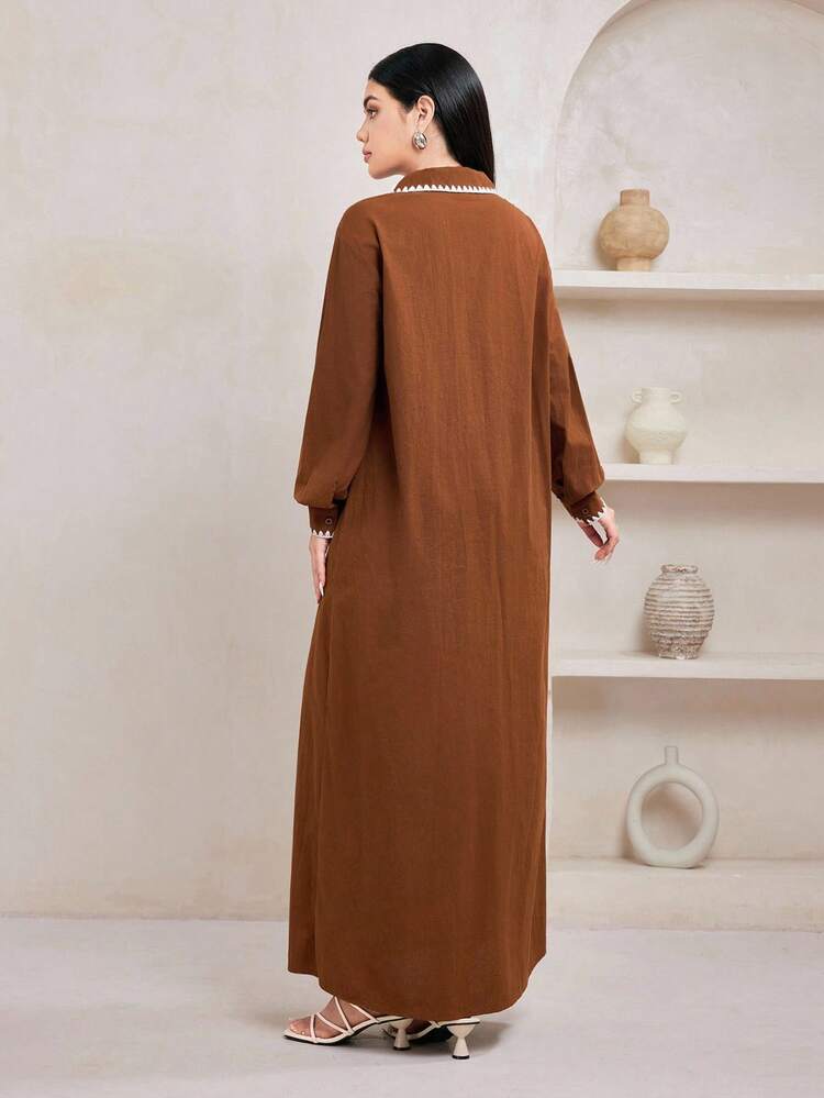 Veilorie Conservative Casual Contrast Trim Arabic Style Dress For Women - Coffee Brown - View 7
