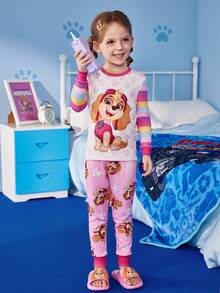 SHEIN | PAW Patrol 4 件套小女孩卡通可爱小狗爪子和彩虹条纹全身印花拼色舒适家居服睡衣套装，春秋 - 粉色 - 查看 2