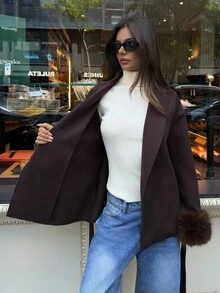 Aloruh 时尚毛绒袖口咖啡色大衣，秋冬