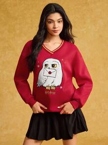 HARRY POTTER X SHEIN Women's Cute Hedwig Letter & Cartoon Owl Embroidery V-Neck Long Sleeve Pullover Sweatshirt,Red Fleece Sweatshirt,Fall  Winter Christmas - Red - View 3