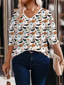 EMERY ROSE New Plus Size Women Fashion Printed Faux Fur Jacquard Halloween Element V-Neck Long Sleeve Loose T-Shirt - Multicolor - View 1