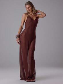 MUSERA 透视深V领宽松细肩带长裙，优雅性感，适合夜晚外出、度假、可爱酷女孩、街头风、黎明、晚宴、派对等场合。 - 棕色 - 查看 6