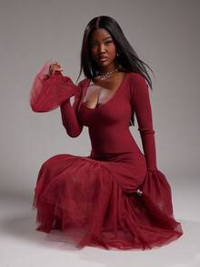 NYA SZN Đầm dài tay cổ chữ V ôm sát cơ thể cho dịp đặc biệt dự tiệc cưới, tiệc chiêu đãi, tiệc cưới, tiệc tốt nghiệp, váy dài đến giữa bắp chân, mùa hè dành cho nữ - Đỏ - Xem 1