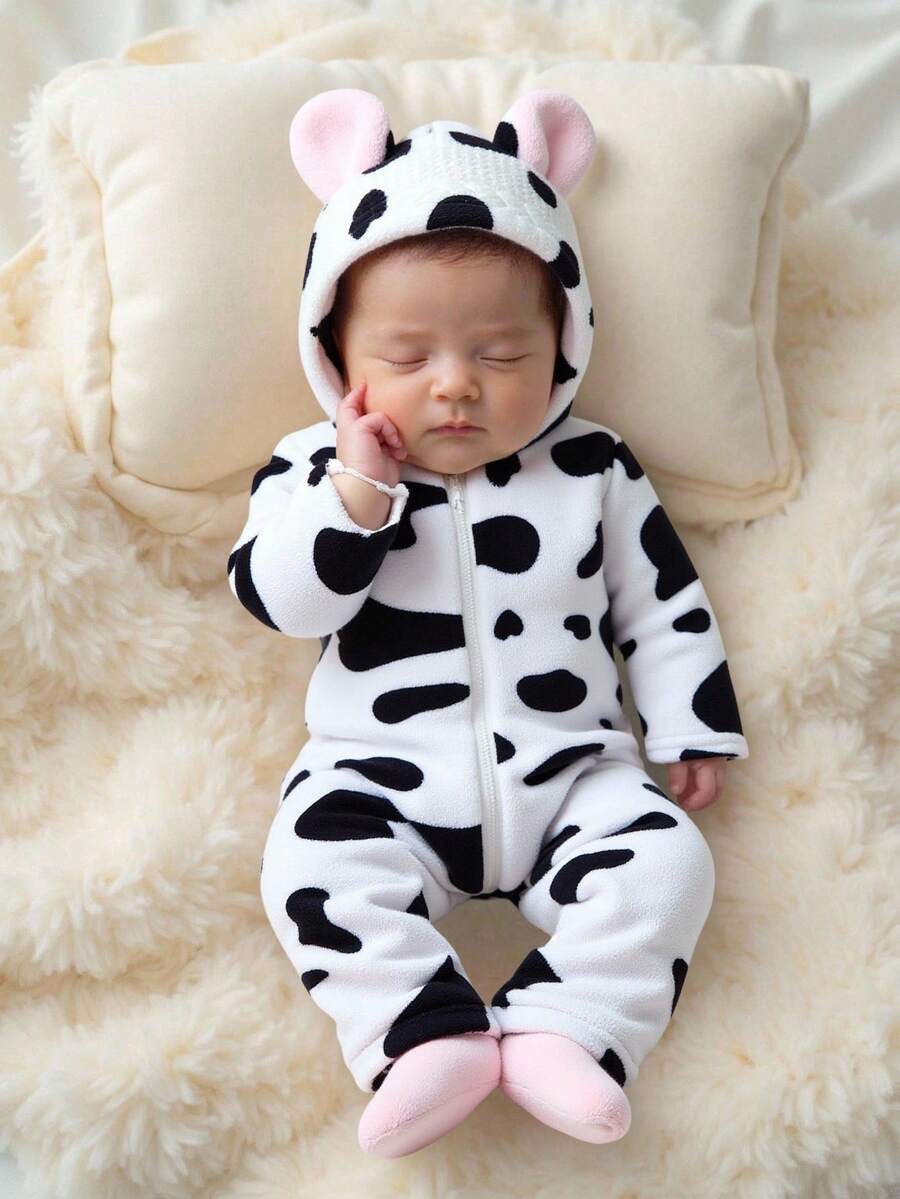 SHEIN Autumn/Winter Baby Girl Plush Cute Black & White Romper Cow Print Baby Clothes Baby Cow Jumpsuit Fall