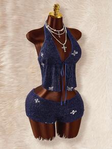 Amplova 深V领露背系带超低腰迷你短裤两件套 - 彩色 - 查看 5