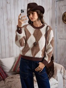 EMERY ROSE Suéter casual de estilo occidental a cuadros multicolor con diamantes de LanaWest para mujer - Marrón - Ver 5