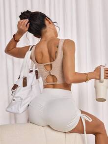 Slayform Women's Casual Sports Solid Color Hollow-Out Camisole Underwear - Khaki - View 4