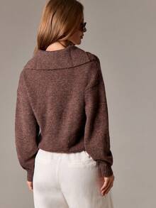 AiiRZ 女式棕色针织纽扣细节领毛衣长袖秋冬休闲衬衫 - 棕色 - 查看 2