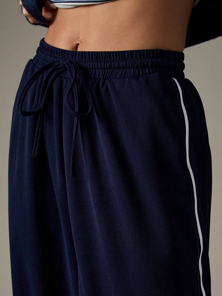 MISSGUIDED Wide Leg Navy Contrast Stripe Palazzo Casual Straight Trouser With White Side Stripe Detail High Waisted Sweatpants