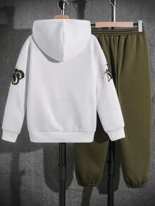 SHEIN 2 件青少年男孩休闲卡通字母图案宽松连帽卫衣套装，适合秋冬季 - 白色 - 查看 5
