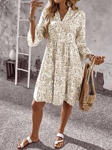 EMERY ROSE 女式花卉印花V领喇叭袖休闲迷你度假连衣裙 - 杏色 - 查看 5