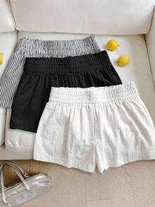 SHEIN LUNE 3pcs Women's Casual Elastic Waist Shorts Set, White Cotton Shorts, Apricot Linen Shorts, Black & White Striped Shorts, Comfortable Fabric For Daily Casual Wear, Spring/Summer