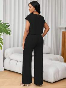 Lunelith SHEIN Lunessa 2pcs/Set Women French Style V-Neck Short Sleeve Top & High Waisted Wide Leg Pants Set, Versatile - Black - View 2