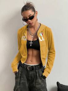 SHEIN Unity 女士休闲印花拉链口袋卫衣 - 黃色 - 查看 6
