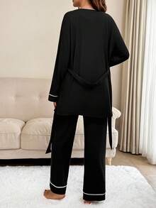 SHEIN 2件套休闲撞色边哺乳连体衣和夹克 - 黑色 - 查看 2