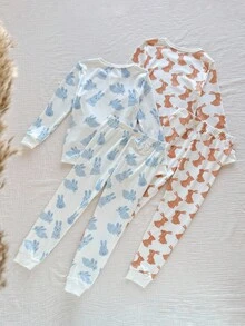 4 件套女童卡通动物印花长袖上衣和裤子舒适睡衣套装，秋冬 - 彩色 - 查看 2