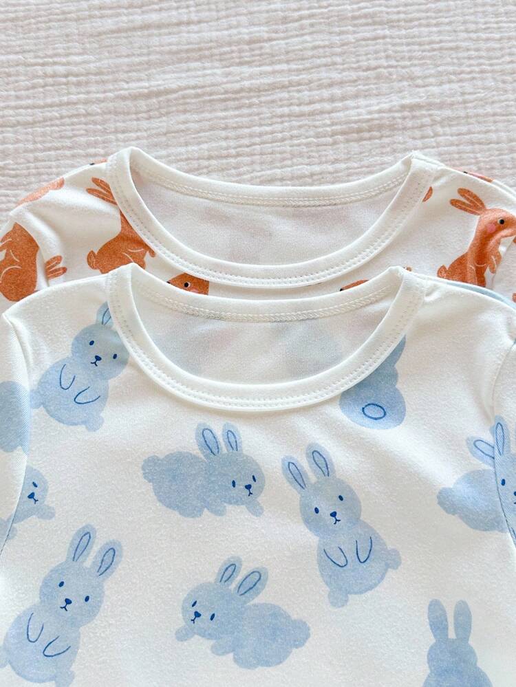 4pcs/Set Girls Cartoon Animal Print Long Sleeve Top And Pants Snug Fit Pajamas Set, Autumn/Winter Bunny Pajama Set Kids Bunny Pajamas Light Blue Pajama Set Two Piece Pajama Set Kids Pajamas Snug Fit" Fall - Multicolor - View 4