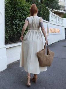Gretanique Cotton & Linen Sleeveless A-Line Dress For Women, Spring/Summer - Apricot - View 2