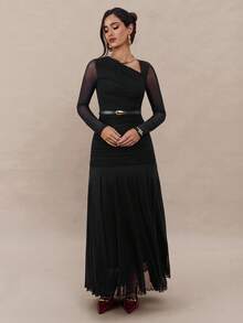 Modelyn 女士时尚优雅不对称领口长裙 - 黑色 - 查看 6