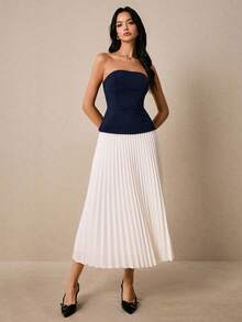 Poéselle Bộ 2 món áo quây và chân váy xếp ly kiểu dáng thường ngày dành cho nữ. - Màu xanh hải quân - Xem 6