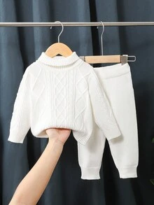 SHEIN 2pcs Baby Boy/Girl White Autumn Basic Modest Holiday Knitted Sweater & Pants Set,Chic Solid Color Turtleneck Ribbed Fall/Winter Knit Clothing Outfits - White - View 1
