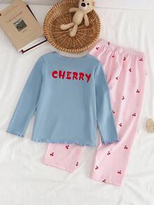 Young Girl' Grey-Blue Ribbed Cherry Print Long Sleeve Top & Ribbed Pants Pajama Set Fall Winter