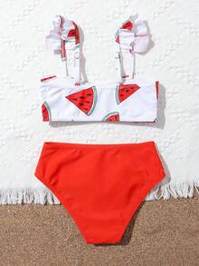 SHEIN Conjunto de bikini con estampado de sandía y ribete con volantes para niña preadolescente, verano playa - Rojo - Ver 2