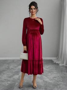 Momance Maternity Long Sleeve Round Neck A-Line Hem Velvet Dress - Burgundy - View 6