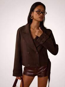 SHEIN BAE 女士时尚通勤短款夹克，秋冬季，女士冬季外套，短款大衣，休闲街头风大衣，百搭夹克，棕色外套 - 咖啡棕 - 查看 5