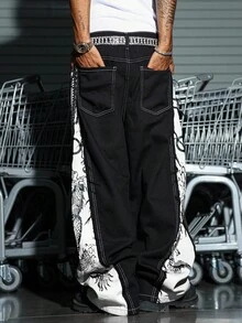 Manfinity EMRG Quần Jeans Denim Họa Tiết Rồng Chắp Vá Màu Tương Phản Cho Nam - màu đen - Xem 3