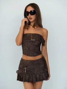 SHEIN ICON 2件套女士性感短款上衣和镂空金属装饰短裙套装 - 棕色 - 查看 6